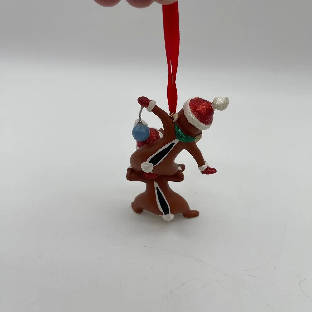 Disney Parks Chip n Dale Christmas Ornament Glitter Santa Hats Red Ribbon NWT